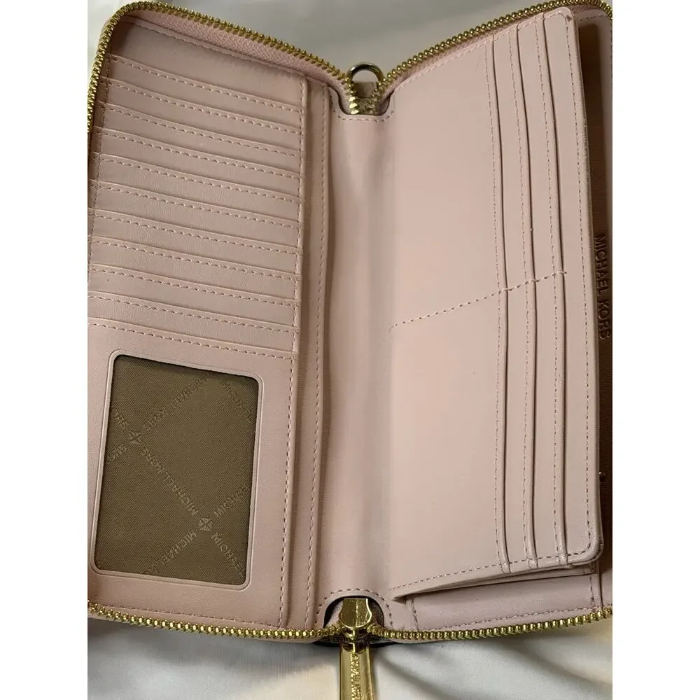Michael Kors MK Logo Jet Set Zip-Around Wallet Travel Continental Wristlet Pink